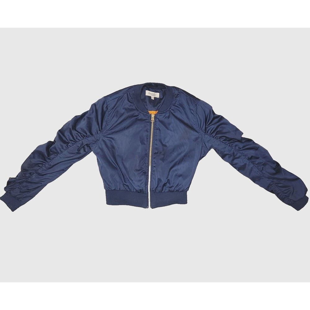 Charlotte Russe Navy Cropped Bomber Jacket Sz XS Ruched Sleeves Zip Front Y2K